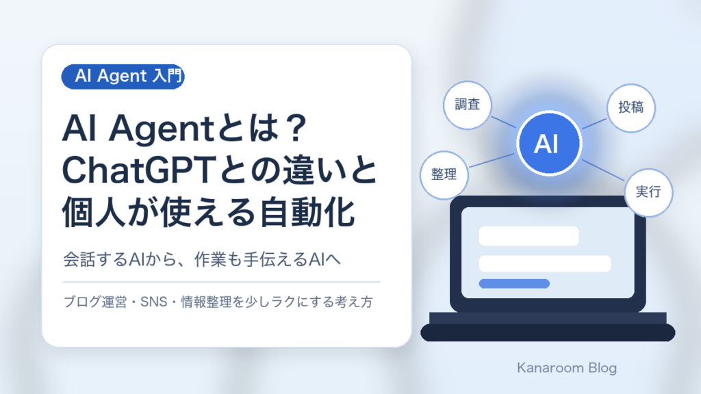 AI Agentとは何か、ChatGPTとの違いと個人が使える自動化を表したブログ用アイキャッチ画像